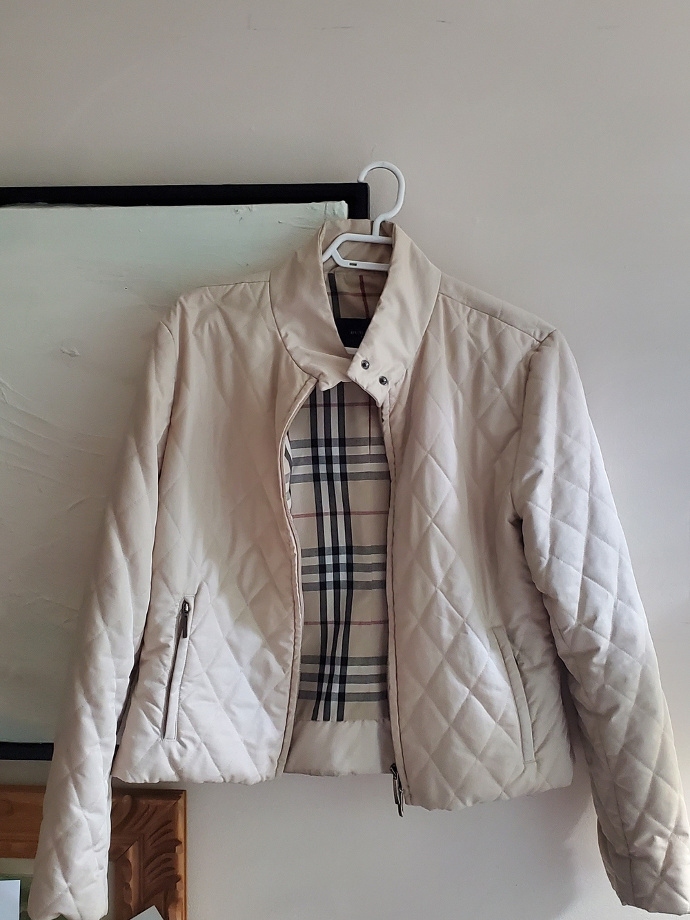 Burberry Cream Quilted Puffer Jacket with Signature Check Lining